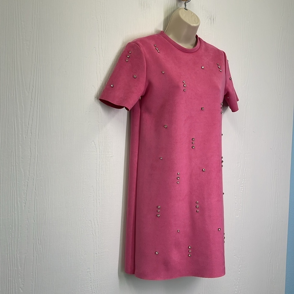 Zara - Pink Faux Suede Jewel Rhinestone Light Short Sleeve Mini Dress Size XS - Picture 4 of 13